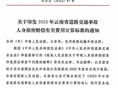 ​重磅！建议收藏！最新公布2023年云南省道路交通事故人身损害赔偿有关费用计算标准